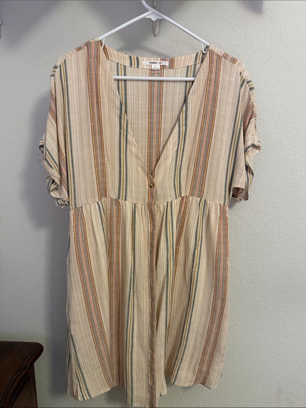 O'Neill Beige Striped Short Sleeve V-Neck Dress
